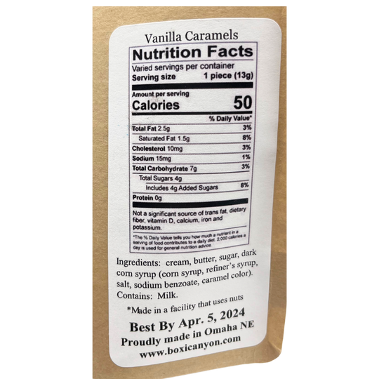 Nutrition label for Traditional Vanilla Caramels