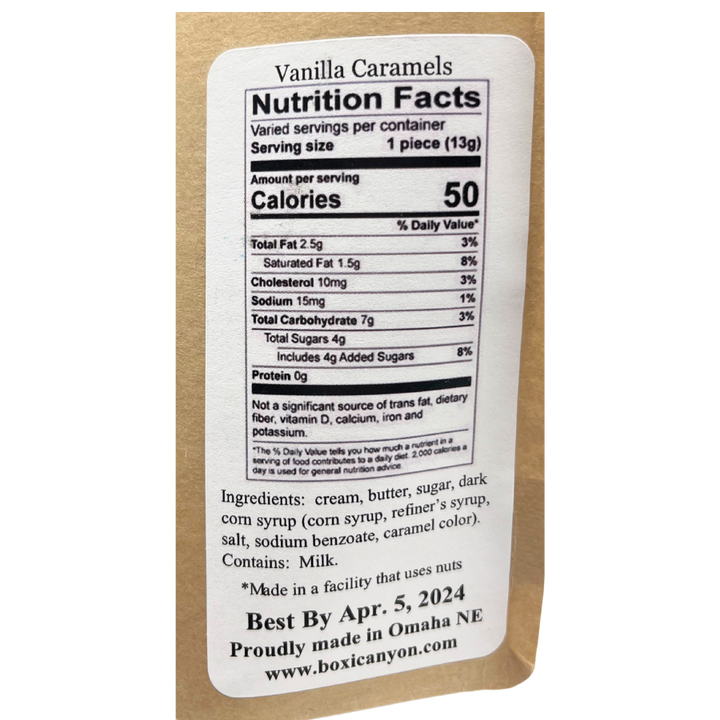 Nutrition Label for Traditional Vanilla Caramels