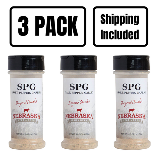 Salt, Pepper, Garlic Seasoning | 5 oz. Bottle | Adds A Bold Flavor To Any Dish | Savory Garlic Blended With Black & White Pepper | Meat & Vegetable Spice | Nebraska Seasoning | Carefully Crafted | 3 Pack | Shipping Included