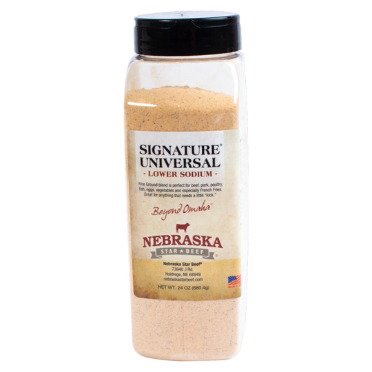 Universal Signature Lower Sodium Seasoning | 24 oz. | Legendary Steak Seasoning | Finely Ground | Lowered Sodium Levels | Unlocks Natural Flavor Of Beef | Ultimate Steak Experience | Perfect Blend Of Spices | Nebraska Seasoning