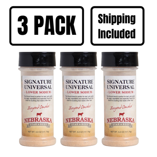 Universal Signature Low Sodium Seasoning | 5 oz. Bottle | Ultimate Steak Seasoning  | Combination Of Coarse, Finely Ground Spices | Nebraska Seasoning | Lowered Overall Sodium | Add On Any Dish For Burst Of Flavor | 3 Pack | Shipping Included