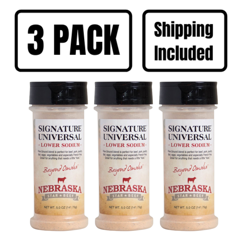 Universal Signature Low Sodium Seasoning | 5 oz. Bottle | Ultimate Steak Seasoning  | Combination Of Coarse, Finely Ground Spices | Nebraska Seasoning | Lowered Overall Sodium | Add On Any Dish For Burst Of Flavor | 3 Pack | Shipping Included