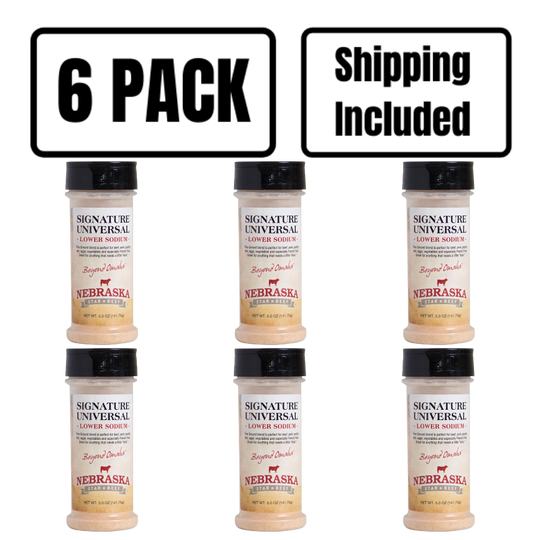 Universal Signature Low Sodium Seasoning | 5 oz. Bottle | Ultimate Steak Seasoning | Finely Ground | Combination Of Coarse, Finely Ground Spices | Nebraska Seasoning | Lowered Overall Sodium | 6 Pack | Shipping Included