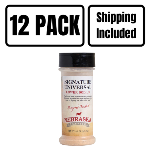 Universal Signature Low Sodium Seasoning | 5 oz. Bottle | Ultimate Steak Seasoning | Combination Of Coarse, Finely Ground Spices | Nebraska Seasoning | Lowered Overall Sodium | Add On Any Dish For Burst Of Flavor | 12 Pack | Shipping Included