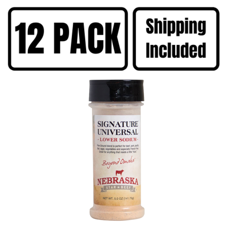Universal Signature Low Sodium Seasoning | 5 oz. Bottle | Ultimate Steak Seasoning | Combination Of Coarse, Finely Ground Spices | Nebraska Seasoning | Lowered Overall Sodium | Add On Any Dish For Burst Of Flavor | 12 Pack | Shipping Included