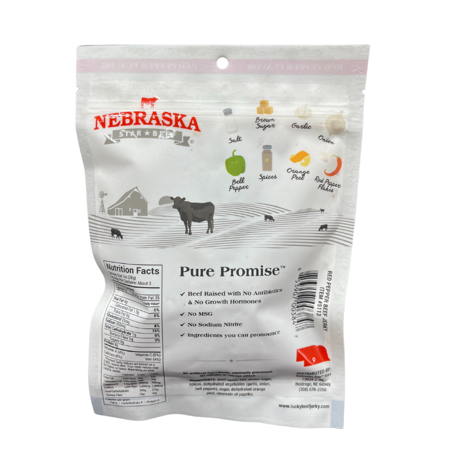 Red Pepper Beef Jerky | 3 oz. Bag | Perfect Balance Of Beef, Pepper, & Brown Sugar | Tender Cut Pieces | Burst Of Spicy Flavor | All Natural | Carefully Cooked, Cut, & Trimmed | Nebraska Cattle | Rich Source Of Natural Protein | 6 Pack | Shipping Included