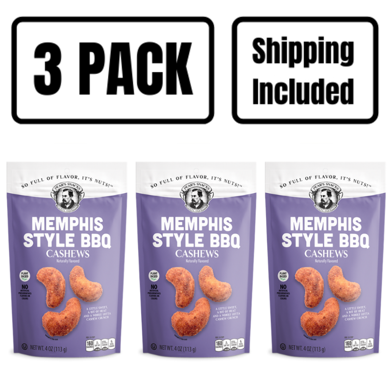 Memphis Style BBQ Cashews | 4 oz. | Sweet & Tangy BBQ Flavor | Perfectly Cooked Cashews | Plant-Based | Naturally Flavored | High Protein | 3 Pack | Shipping Included