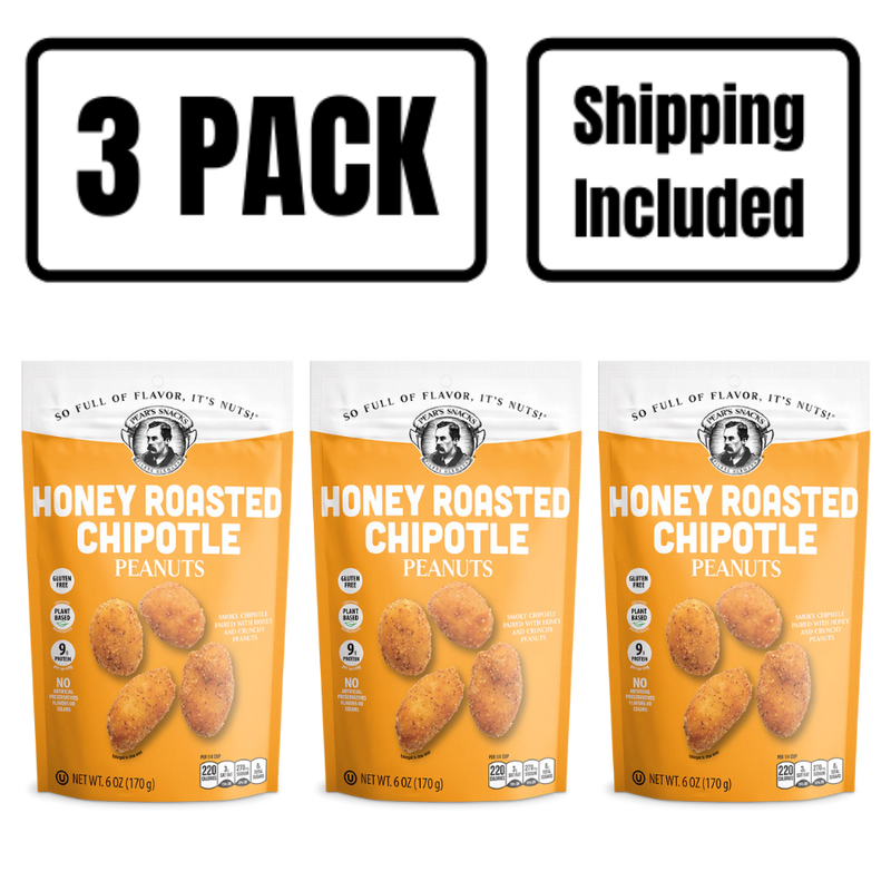 Honey Roasted Chipotle Flavored Peanuts | 6 oz. | Savory, Healthy Snack Mix | Perfectly Roasted Peanuts Coated In Honey & Chipotle Seasoning | Plant-Based | High Protein | 3 Pack | Shipping Included