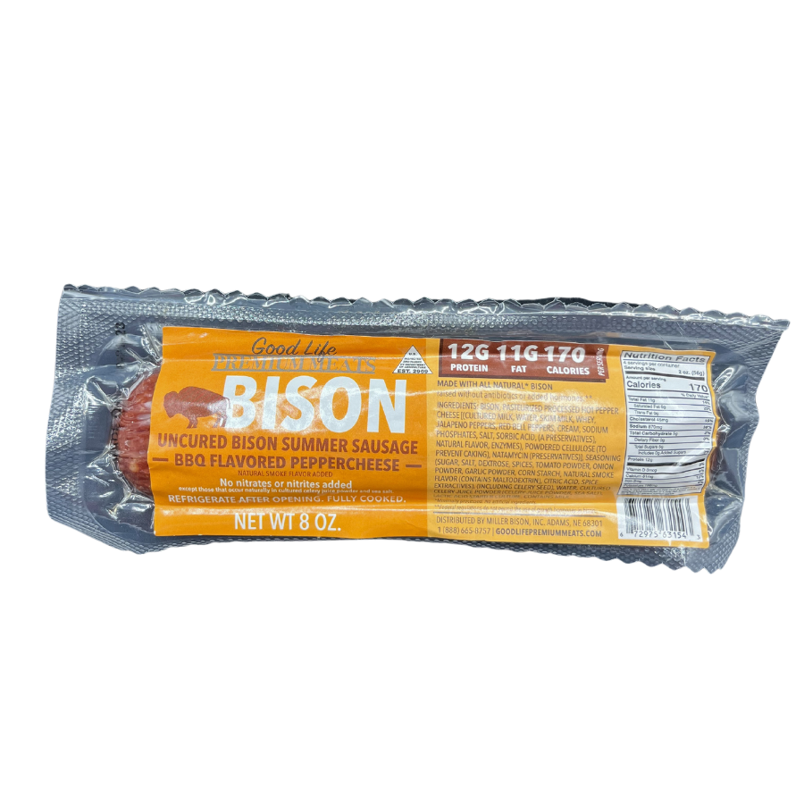 BBQ Peppercheese Summer Sausage | All Natural Bison Meat | High Protein Snack | No MSG | Ready To Eat | Charcuterie |  7-8 oz. Roll | Pack of 3 | Shipping Included | Perfectly Tender | 100% Bison Meat With An Extra Kick | Perfect Party Snack