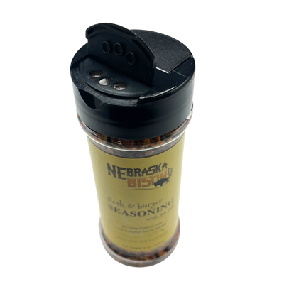 Steak and Burger Seasoning | Made with Sea Salt | Specially Formulated | Great for Bison Meat | Delicious and Savory Flavor | 4 oz. Bottle | Lightly Season For A Savory, Delicious Flavor | Pairs Great On Any Meat | Nebraska Seasoning