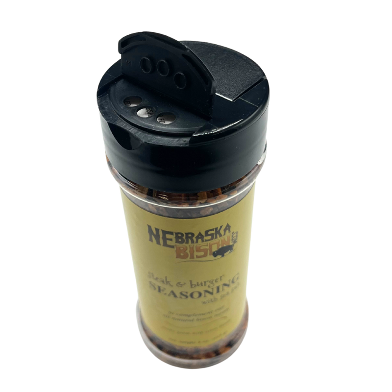 Steak and Burger Seasoning | Made with Sea Salt | Specially Formulated | Great for Bison Meat | Delicious and Savory Flavor | 4 oz. Bottle | Lightly Season For A Savory, Delicious Flavor | Pairs Great On Any Meat | Nebraska Seasoning