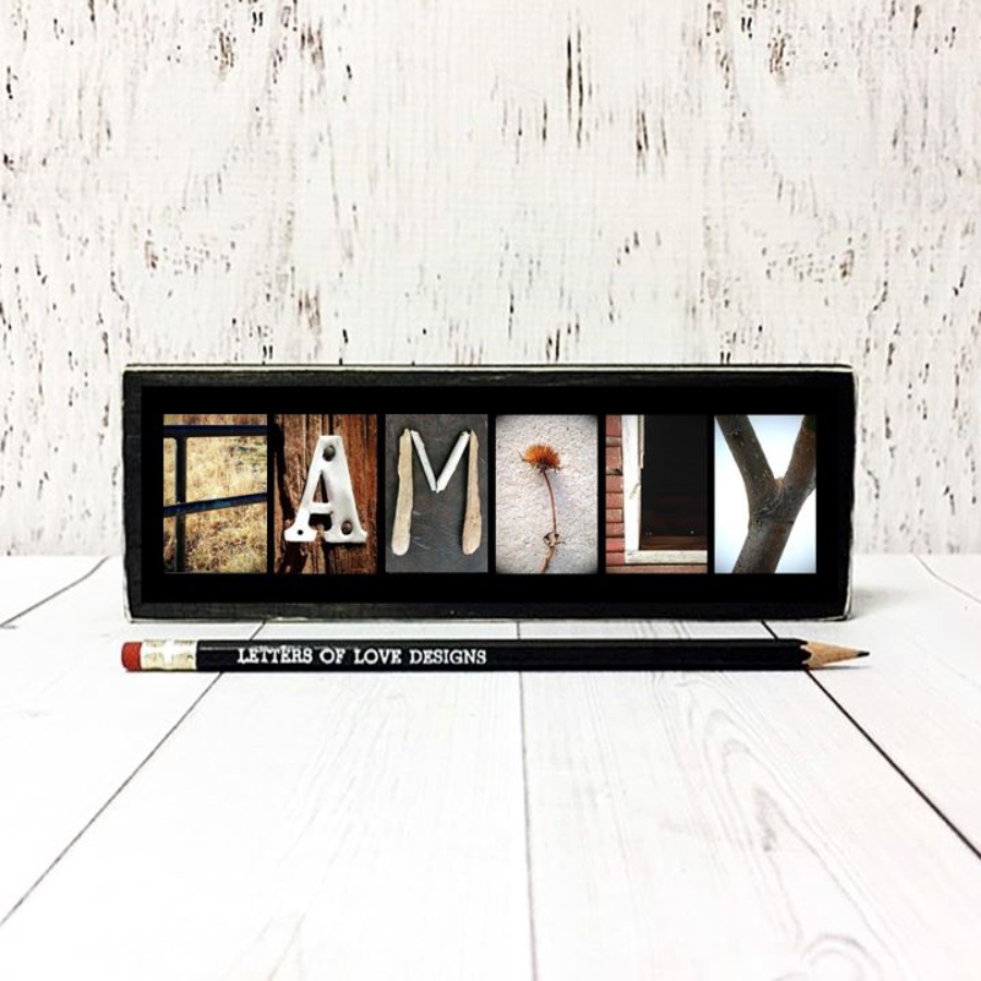 Family Word Block | 8.5 x 2.5 |  Alphabet Photo Letter Art | Easy to Display | Made in Raymond, NE | Letters of Love Designs