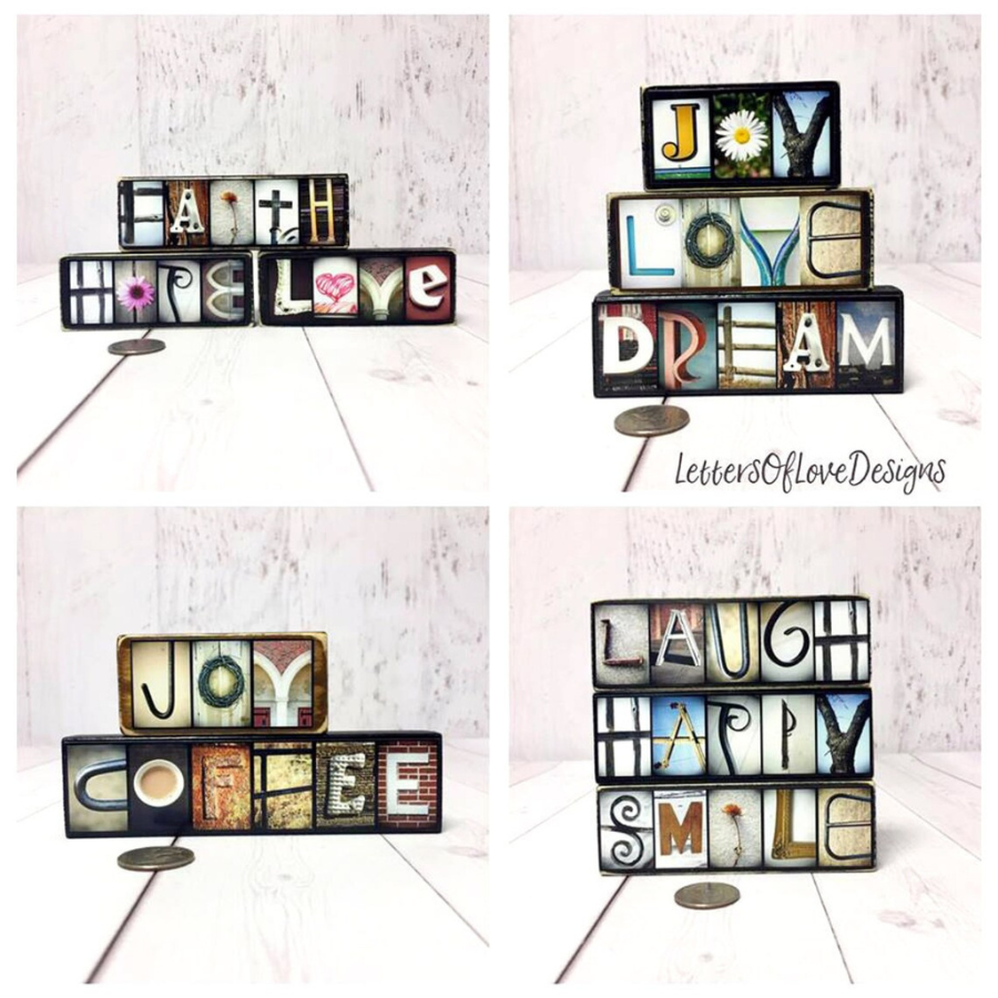 Examples of different letters of love plaques including faith, hope, love, joy, dream, coffee, laugh, happy and smile.