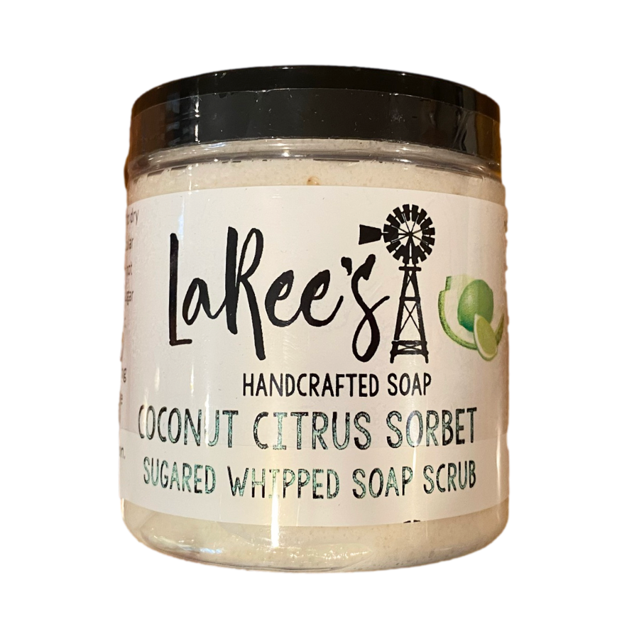 LaRee's Handcrafted Soap 4 oz Coconut Citrus Sorbet scented Sugared Whipped Soap Scrub on white background.