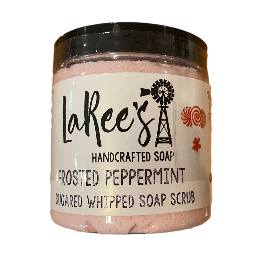 LaRee's Handcrafted Soap 4 oz Frosted Peppermint scented Sugared Whipped Soap Scrub on white background.