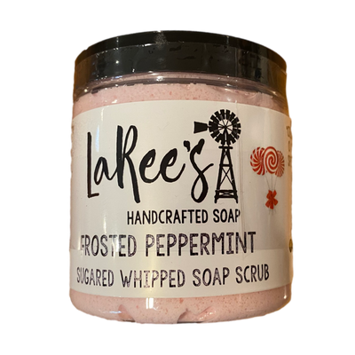 LaRee's Handcrafted Soap 4 oz Frosted Peppermint scented Sugared Whipped Soap Scrub on white background.