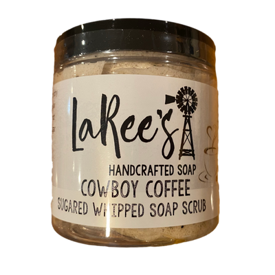 LaRee's Handcrafted Soap 4 oz Cowboy Coffee scented Sugared Whipped Soap Scrub on white background.
