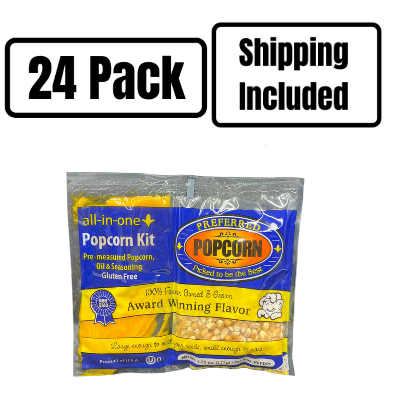 All-In-One-Popcorn Kit | Perfect Snack | Butter Salt & Popcorn Kernels | Movie Theatre Popcorn | Pre-Measured Oil & Butter Flavored Salt | Preferred Popcorn |  24 Pack | Shipping Included