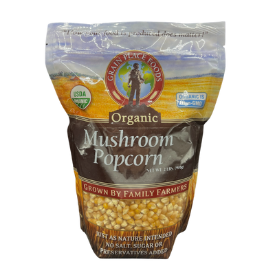 One 2 Pound Bag Of Organic Mushroom Popcorn On A Clear Background