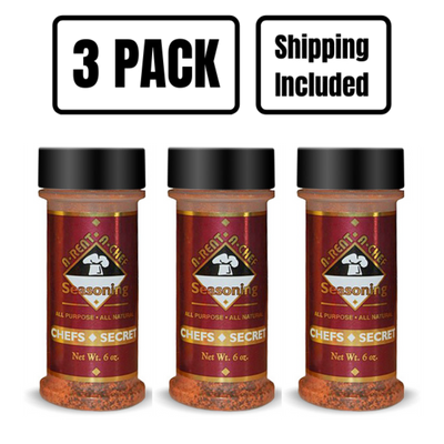 Three 6 oz. Bottles Of Chef's Secret All Purpose Seasoning With A 3 Pack Shipping Included Banner Suspended Above On A Clear Background