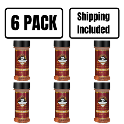 Six 6 oz. Bottles Of A-Rent-A-Chef Chef's Secret All Purpose Seasoning With A 6 Pack Shipping Included Banner Suspended Above On A Clear Background