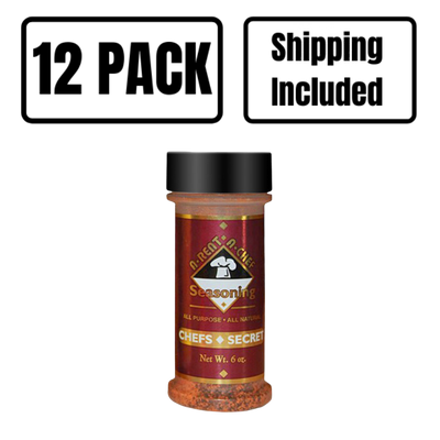 A 6 oz. Bottle Of Chef's Secret All Purpose Seasoning With A 12 Pack Shipping Included Banner Suspended Above On A Clear Background
