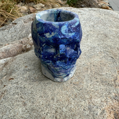 Blue Skull Cement Pottery Outdoors