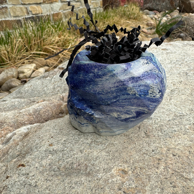 Side View Blue Skull Cement Pottery Outside