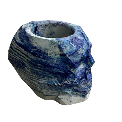 Side View Blue Skull Cement Pottery