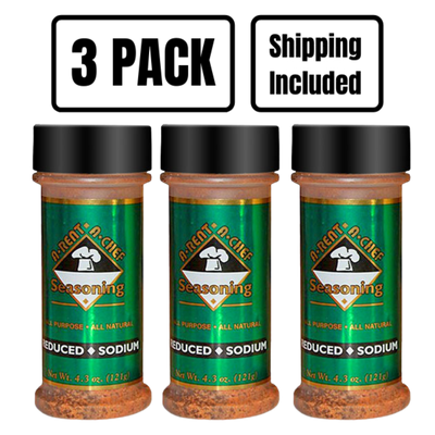 Three 4.3 oz. Bottles Of Reduced Sodium Seasoning With A 3 Pack Shipping Included Banner Suspended Above On A Clear Background