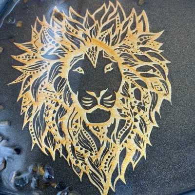 Gold Lion Decal Grey Decorative Trey Close Up