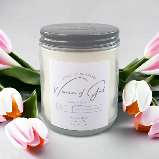 Woman of God Candle | White Sandalwood & Lily Smell | Floral Woodsy Scent | 7 oz. | Eternal Promises | Made in Omaha, NE