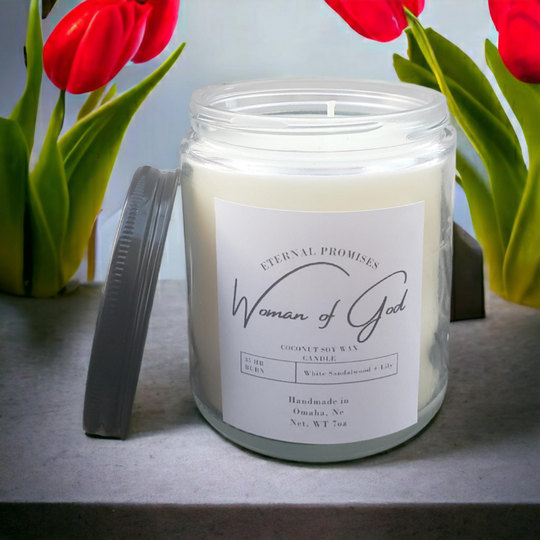 Woman of God Candle | White Sandalwood & Lily Smell | Floral Woodsy Scent | 7 oz. | Eternal Promises | Made in Omaha, NE