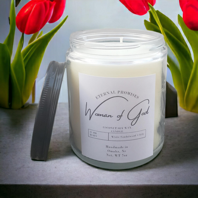 Natural Burn Candle | Woman of God Candle | White Sandalwood & Lily Smell | Floral Woodsy Scent | Natural Coconut Wax Candle | 7 oz | Handmade in Small Batches | 35 HR Burn Time