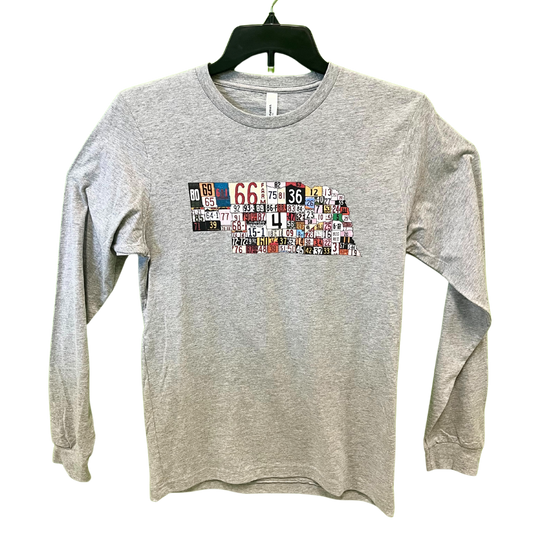 Nebraska License Plate | Long Sleeve Shirt | Unisex | Breathable, Soft Fabric | Light Gray | High Quality Screen Printing | Great Addition To Closet