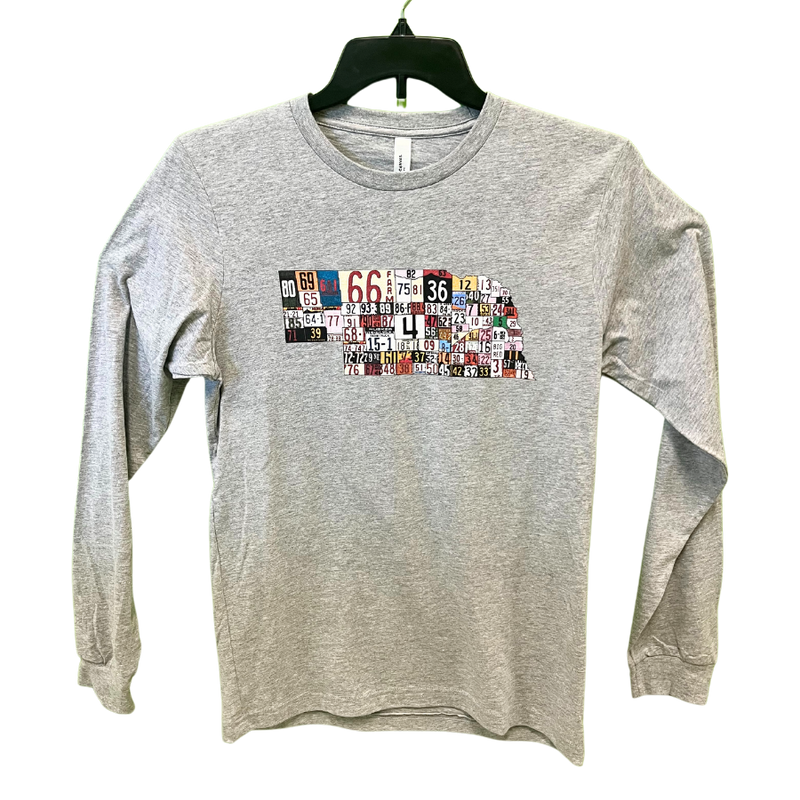 Nebraska License Plate | Long Sleeve Shirt | Unisex | Breathable, Lightweight Fabric | Light Gray | High Quality Screen Printing | Great Addition To Any Wardrobe | For Midwest Lover