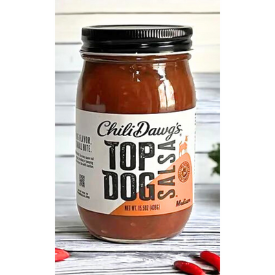 Medium Salsa | Top Dog | 15.5 oz. | Chili Dawg's | Burst Of Flavor & Heat | Fresh Blend Of Vine-Ripened Tomatoes | Hints Of Cilantro, Lime, & Garlic | Elevate Your Dishes