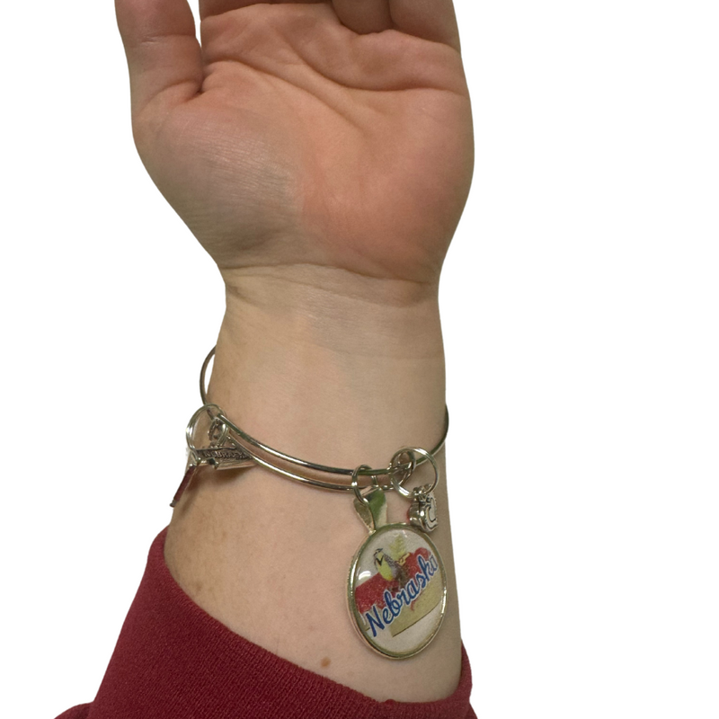 Nebraska Wire Bangle Bracelet | Multiple Charm Options | 1"X1" Charm | Adjustable Bracelet | One Size Fits Most