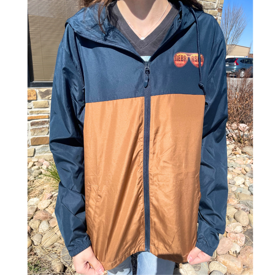 Nebraska Water Resistant Jacket | Go Farming Jacket | Navy\Brown Color | Multiple Sizes | Adjustable Straps | Water Resistant | Lightweight