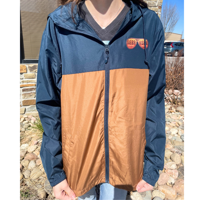 Nebraska Water Resistant Jacket | Go Farming Jacket | Navy\Brown Color | Multiple Sizes | Adjustable Straps | Water Resistant Hoodie | Lightweight