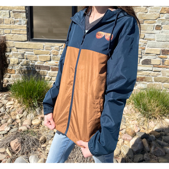 Nebraska Water Resistant Jacket | Go Farming Jacket | Navy\Brown Color | Multiple Sizes | Adjustable Straps | Water Resistant | Lightweight