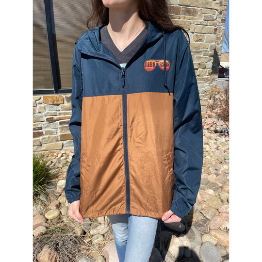 Nebraska Water Resistant Jacket | Go Farming Jacket | Navy\Brown Color | Multiple Sizes | Adjustable Straps | Water Resistant | Lightweight