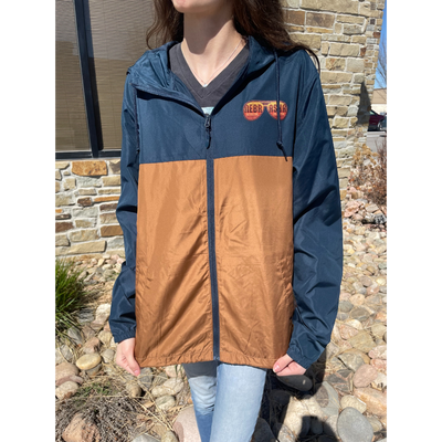 Nebraska Water Resistant Jacket | Go Farming Jacket | Navy\Brown Color | Multiple Sizes | Adjustable Straps | Water Resistant Hoodie | Lightweight