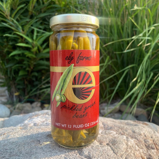 An outside photo of a jar of pickled green beans