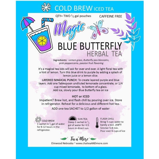 Cold Brew Iced Tea | Magic Blue Butterfly | Herbal Tea | Caffeine & Sugar Free | 2 Pouches | Made in Elmwood, NE | Tea n More