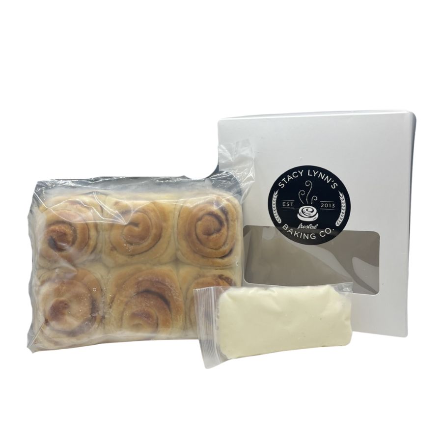 Two 6 pack packages of Stacy Lynn Baking Company Precooked Cinnamon Rolls With Icing Packet