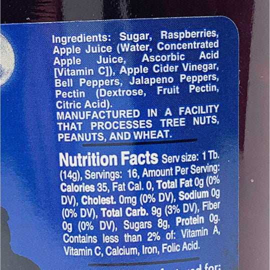 Ingredients & Nutrition Facts For Raspberry Jalapeno Jelly 