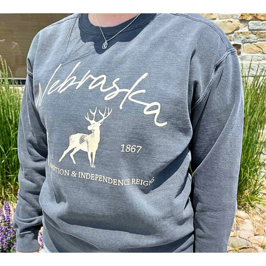 Nebraska Deer Sweatshirt | Where Ambition & Independence Reigns | Multiple Sizes | Gray | Easy To Style | Modern, Casual Look | Nebraska Pullover