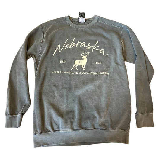 Nebraska Deer Sweatshirt | Where Ambition & Independence Reigns | Multiple Sizes | Gray | Easy To Style | Modern, Casual Look | Nebraska Pullover