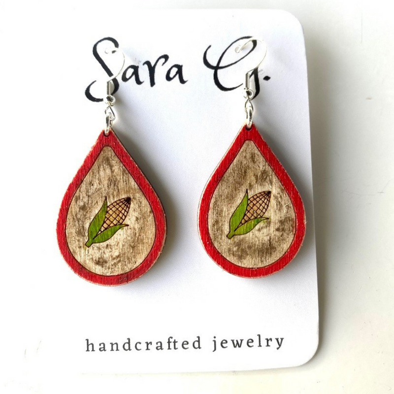 Teardrop Dangle Earring | Corn Husk Design | Hand Distressed Earring | Natural Gray Color With Red Border | Lightweight Earring | Classy & Simple Earring | Handmade Jewelry